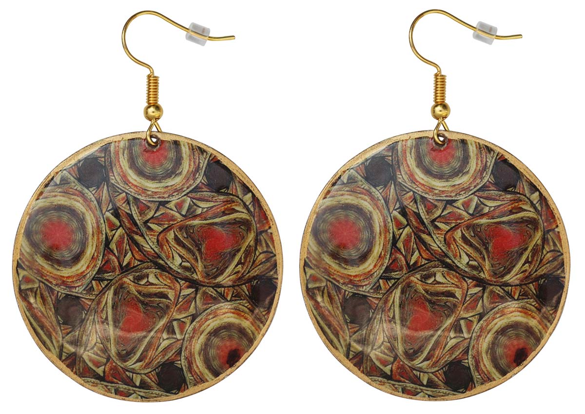 2.5” Brass Hook Earrings with Red Black Abstract Pattern - Drop Earrings / Accessories for Her - Buy in Bulk Wholesale